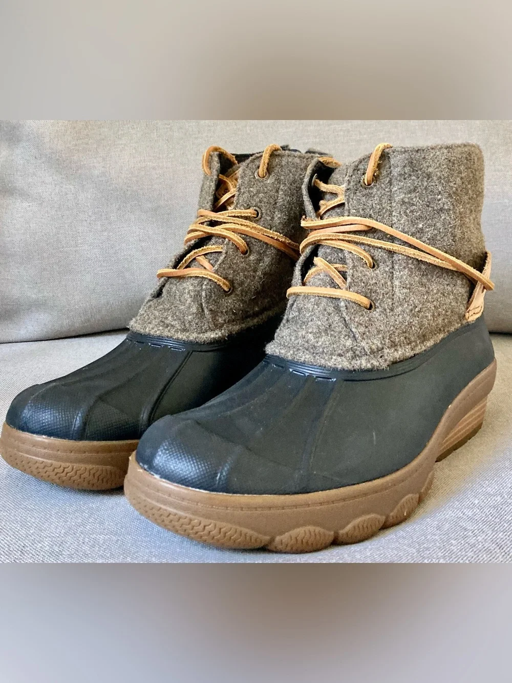 Sperry Saltwater Wedge Tide Wool Duck Boots Gray Navy Women’s 8 NWOB